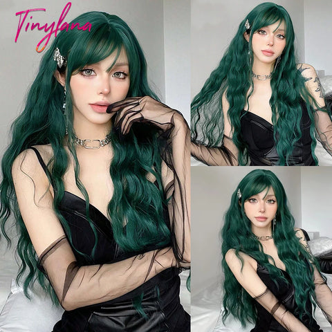 Long Curly Green Wave Synthetic Wigs with Bangs for Women Christmas Grass Green Cosplay Wigs Daily Natural Hair Heat Resistant