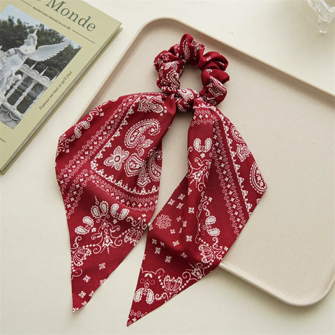 2023 Fashion Print Chiffon Long Ribbon Scrunchies Women Girls Ponytail Scarf Elastic Hair Bands Ties Hair Accessories Wholesale