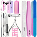 10/15pcs Professional Nail Art Kit with 100/180 Grit Files,Buffer Sponge,Brush,Scissors,Cuticle Nippers Pushers Gel Polish Tools