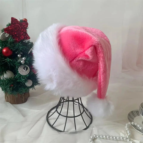 Christmas Santa Hat Xmas Pink Long Plush Holiday Red Black Hat For Adults And Kids Unisex 2024 New Year Festive Party Supplies
