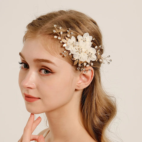 White Silk Flower Hair Clips Elegant Pearls Headpieces Rhinestone Leaf Hairpins Bride Wedding Hair Jewelry Bridal Headdress
