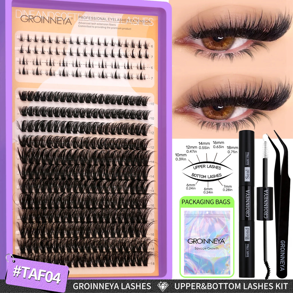 GROINNEYA Lashes Clusters Kit With Lash Bond And Seal And Eyelash Tweezers Waterproof Strong Hold DIY Lash Extension Kit Makeup