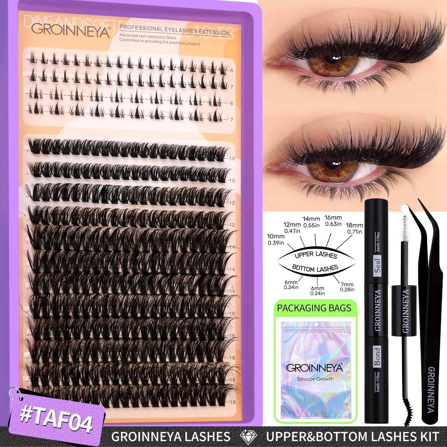 GROINNEYA Lashes Clusters Kit With Lash Bond And Seal And Eyelash Tweezers Waterproof Strong Hold DIY Lash Extension Kit Makeup