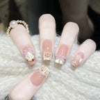 3D fake nails for women girls Gradient brown blue embossed flowers with rhinestones fall winter almond tips press on false nail