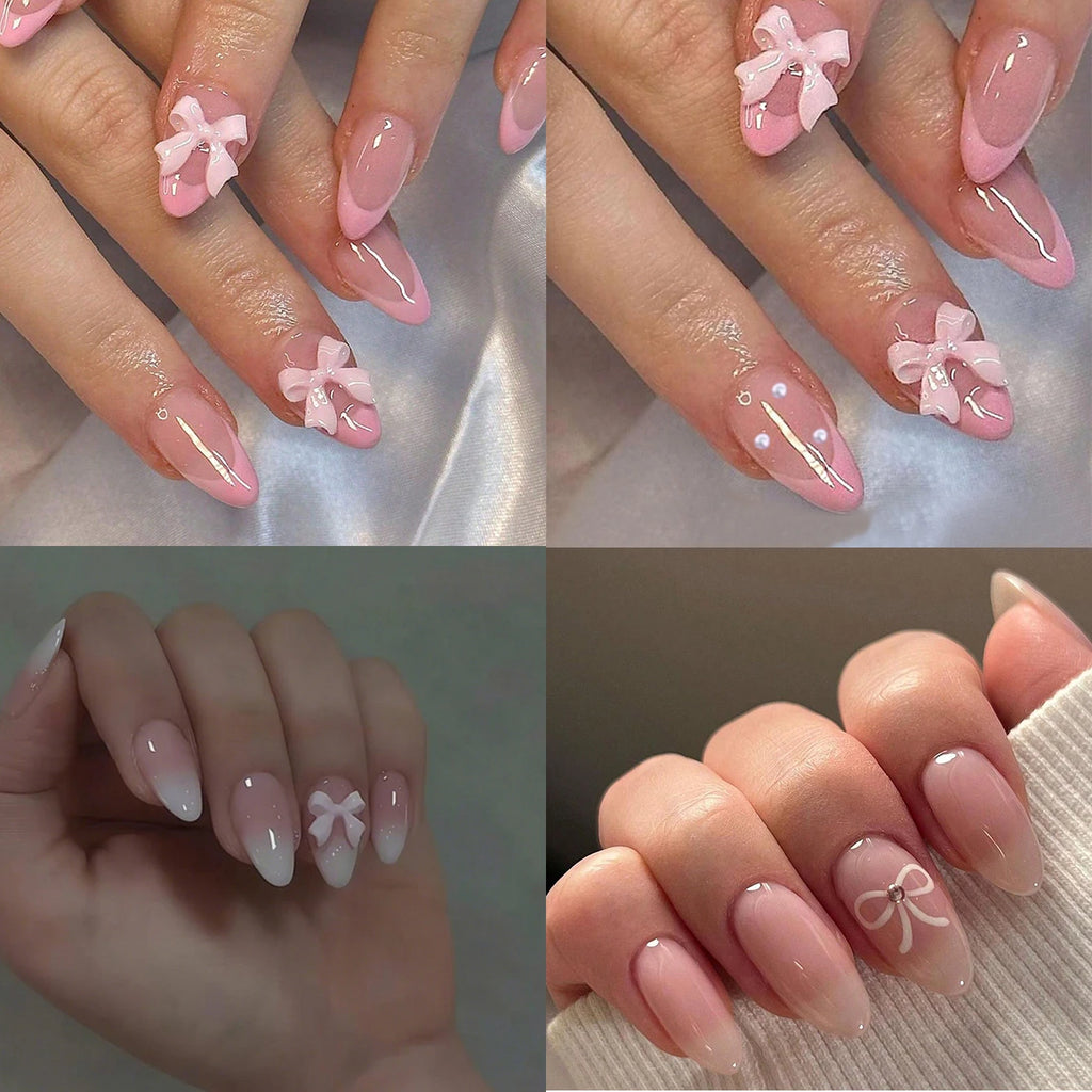 ARTAUG 96PCS Pressed French Almond False Nails With 3d Bow Pearl And Flower Designs, Reusable Acrylic False Nails