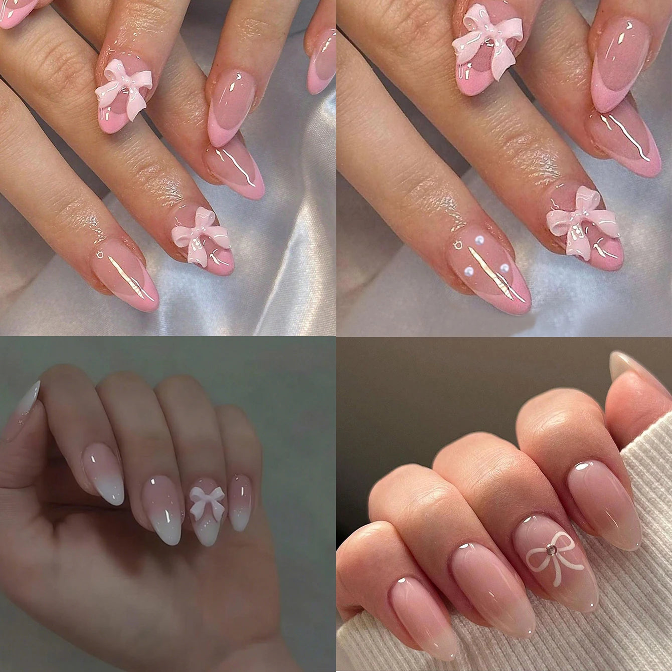 ARTAUG 96PCS Pressed French Almond False Nails With 3d Bow Pearl And Flower Designs, Reusable Acrylic False Nails