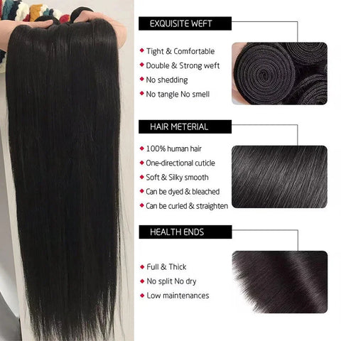 Straight Human Hair Bundles 10A Raw Hair Bundles 100% Human Hair Extensions Natural Black Brazilian Hair Weave Bundles for Women