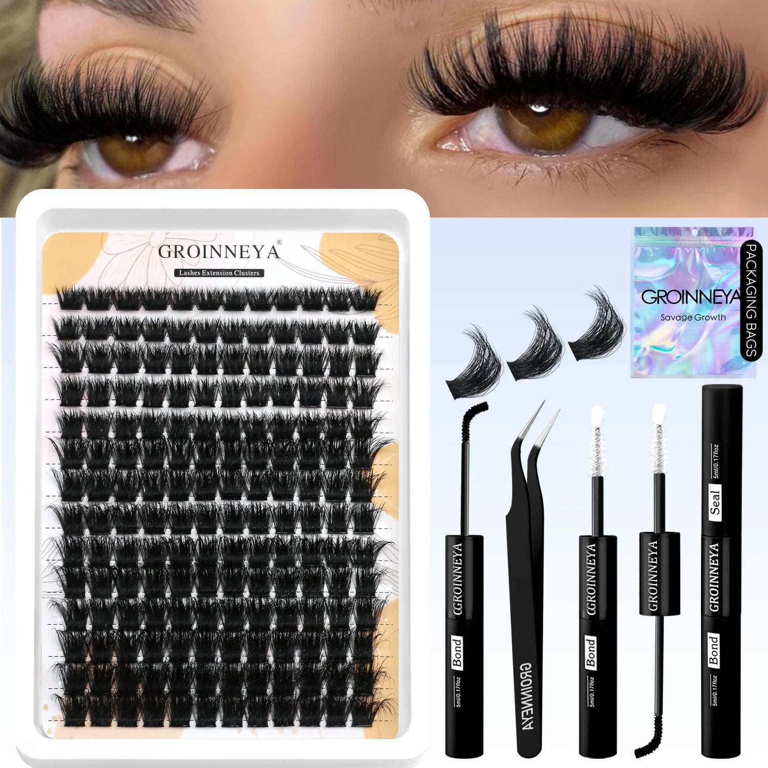 GROINNEYA Lash Clusters Kit With Waterproof Strong Hold DIY Lash Extension Kit Lash Bond And Seal And Eyelash Tweezers Makeup