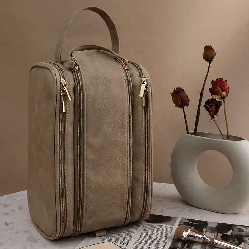 Multifunctional Makeup Bag For Women PU Leather Large Capacity Portable Double Zipper Travel Makeup Brush Toiletries Storage Bag
