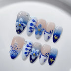 10PCS Handmade Almond Fake Nails With Carved 3D Floral Cat Eyes Pearl Brown Fake Nails Long Oval False Nail Wearable