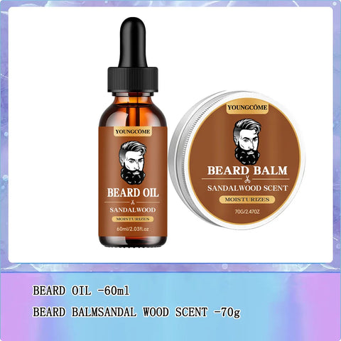 Organic Beard Growth Oil & Sandalwood Balm 1/2/4 Set-24H Nourishing, No Flakes, Men's Grooming Kit with Argan Oil & Vitamin E
