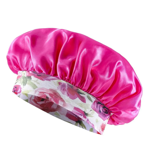 Women's Fashion Bonnet Flower Printed Hair Hat with Wide Edge Elastic Silk Smooth Satin Face for Daily Home Sleep Hat