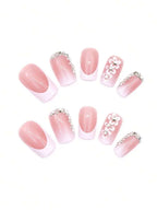 24Pcs Elegant & Simplistic Floral Nail Art Stickers, Pink, Daily & Party Wear Press On Nails Nail Supplies Nails