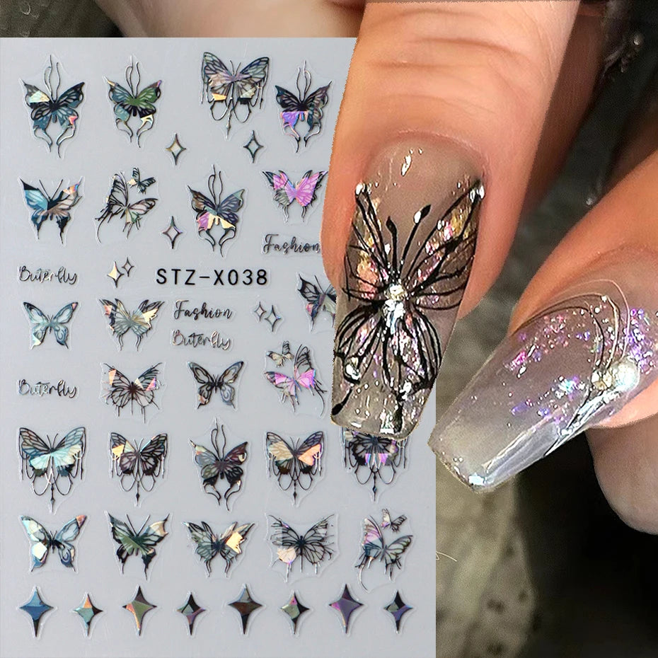 Black White Butterfly Laser Nail Stickers Y2K Nail Art Decoration Abstract Metal Lines Bronzing Lace Flowers Stickers For Nails