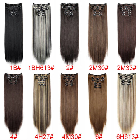Synthetic 24Inch 16 Clips in Hair Extensions Long Straight Hairstyle Blonde Black Hairpieces Heat Resistant False Hair Daily Use