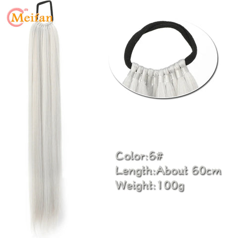 MEIFAN 24 Inch Synthetic Ponytail Extensions Black Natural Braided Pony Tail Hairpiece Long Straight Rubber Band Hair For Women