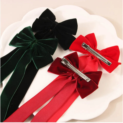 Velvet Hair Clip for Women Elegant Handmade Black Red Green Double Bows Barrette Pin Long Tassel Hair Accessories Christmas Gift