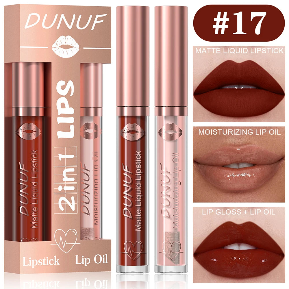 DUNUF Lip Gloss And Lip Oil Set 2-Piece Long-Lasting Waterproof Matte Moisturizing Non-Fading Lipstick Collection