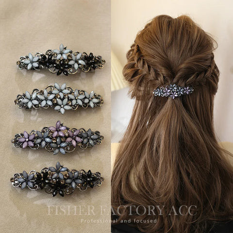 The new Korean version of the crystal flower spring hairpin elegant rhinestone wild ponytail hairpin women's hair accessories