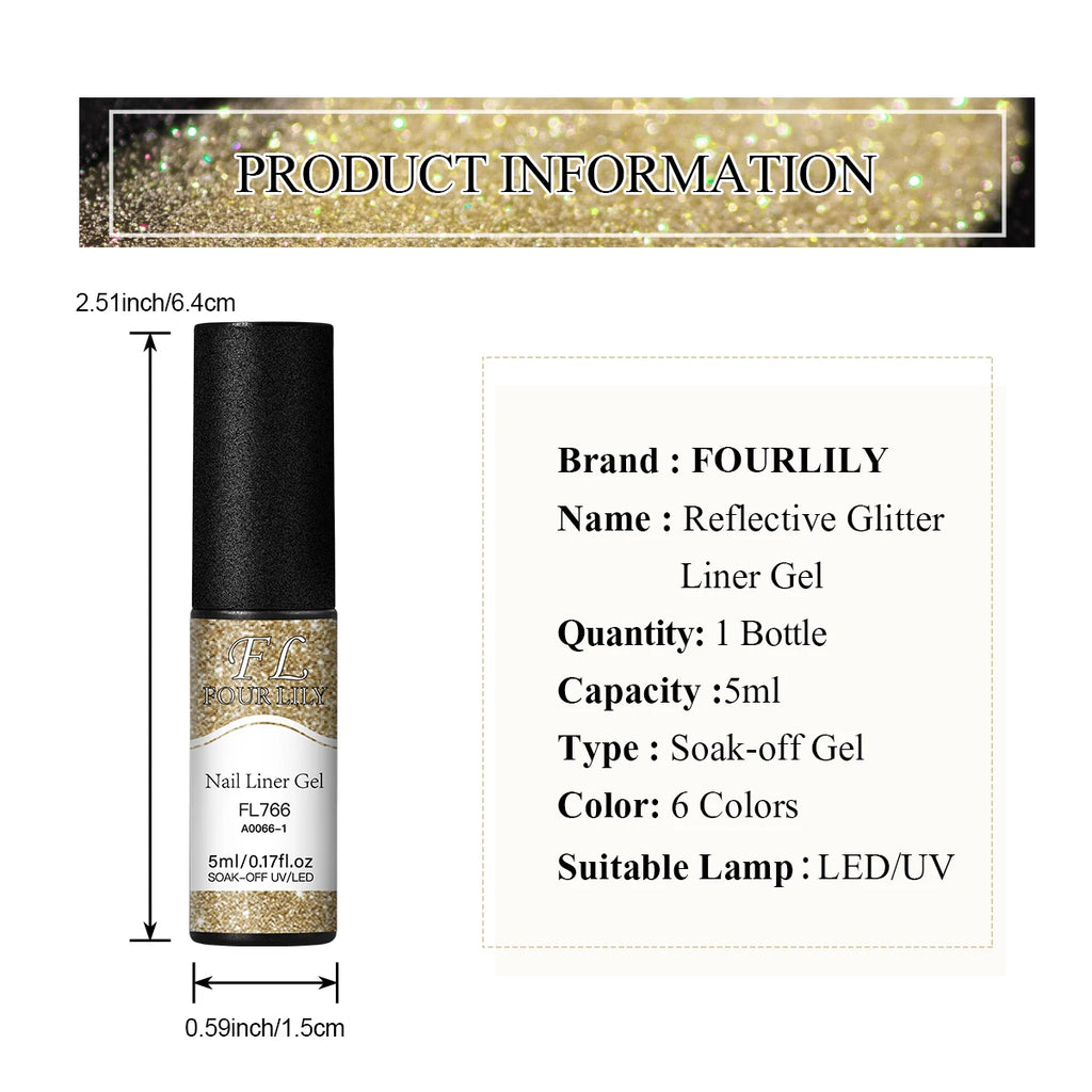 FOUR LILY 5ml Reflective Glitter Liner Nail Gel Polish Gold Silver Red Sparkling Nail Supplies UV/LED Varnish Painting Gel