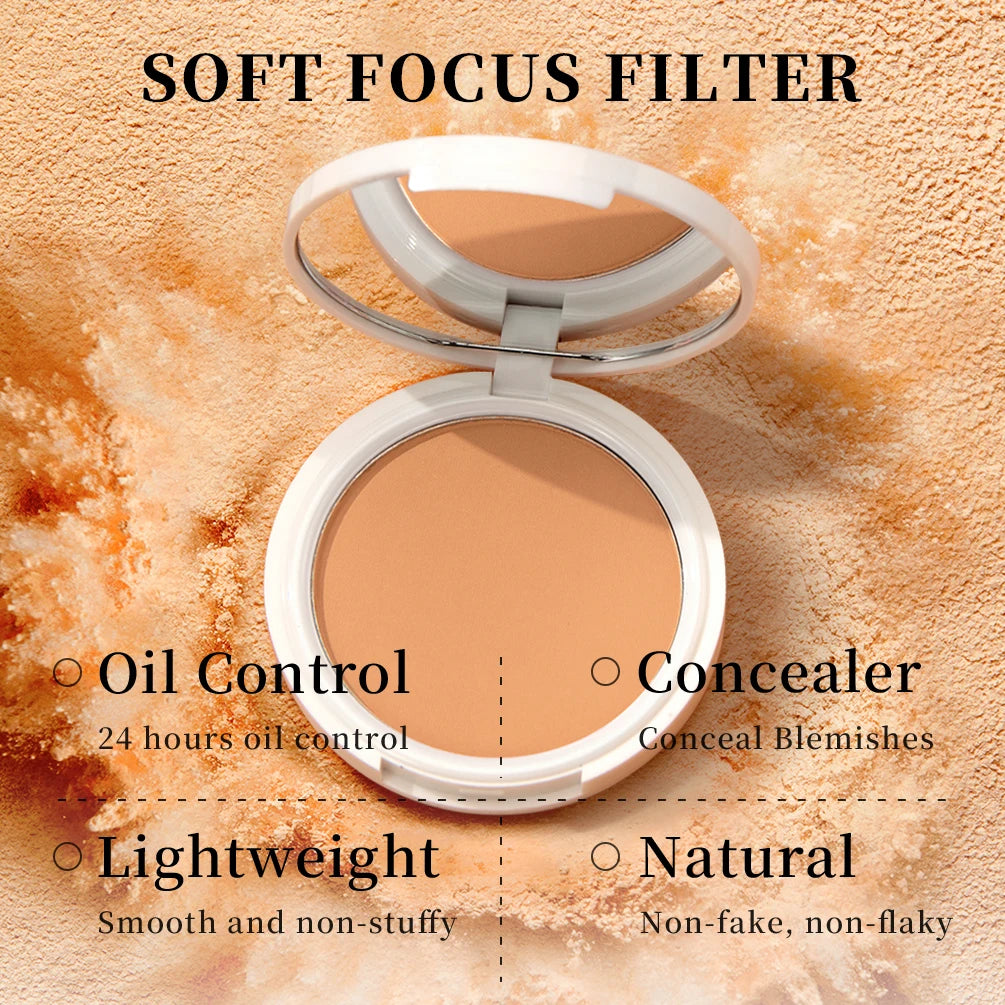 QIBEST Pressed Powder Oil-Control Long-Lasting Face Setting Powder Compact Powder Full Coverage Concealer Makeup Base Foundation