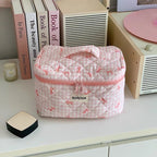 3 Type Quilting Cosmetic Bag Ladies Large Capacity Travel Organizer Washbag Cute Bow Knot Pattern Make Up Zipper Storage Bag