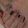 10PCS Ins Blue Short Oval False Nails Retro Hand-drawn Brown Polka Dot Bow French Press on Nails Full Cover Detachable Manicure