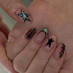 10PCS Ins Blue Short Oval False Nails Retro Hand-drawn Brown Polka Dot Bow French Press on Nails Full Cover Detachable Manicure