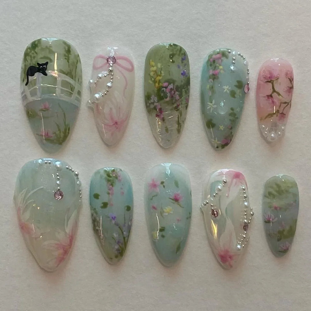 24pcs Sweet False Nail Patches Detachable Fake Nail Tips With Bowknots Love Heart Pearl Design Pink Almond Korean Press On Nail