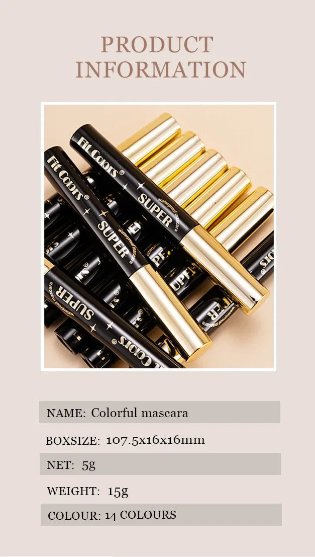 Color Mascara 14 Thick Curl Waterproof Non-smudding Natural Long Lasting Blue White Green Pink Black  Eye Makeup