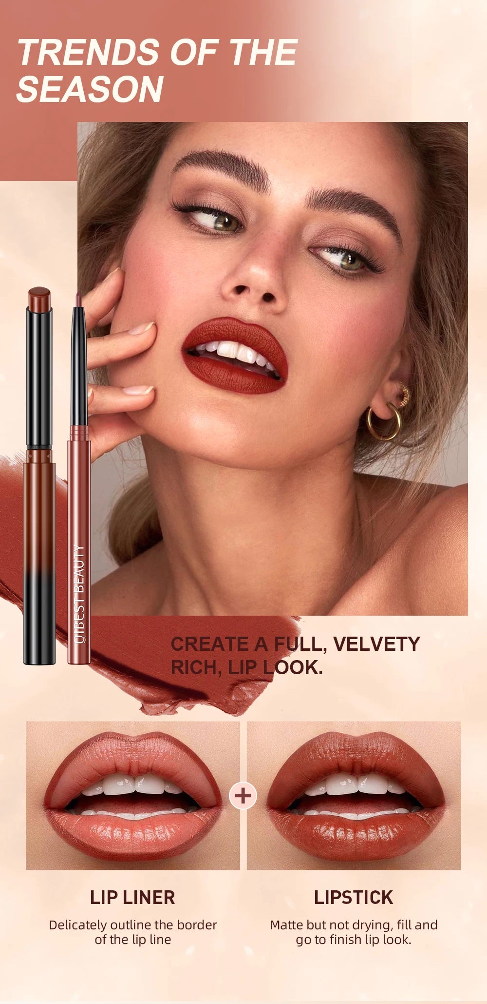 2pcs Lipstick Lipliner Pen Set Matte Waterproof Lip Liner Pencil Contour Makeup Sexy Red Lip Stick Long Lasting Cosmetics Beauty