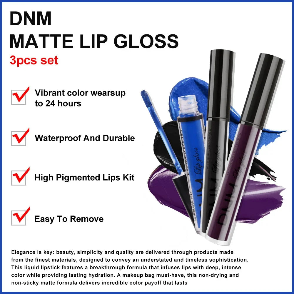 DNM 3PCS Liquid Lipstick Sets Waterproof Matte Black Blue Purple Blue Sexy Lip Gloss Long Lasting Nude Lip Tint Stain Makeup Kit