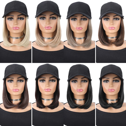 Baseball Cap with Synthetic Hair Extensions Heat Resistant 10 Inch Adjustable Short Straight Bob Wigs in Hat for Women Daily Use