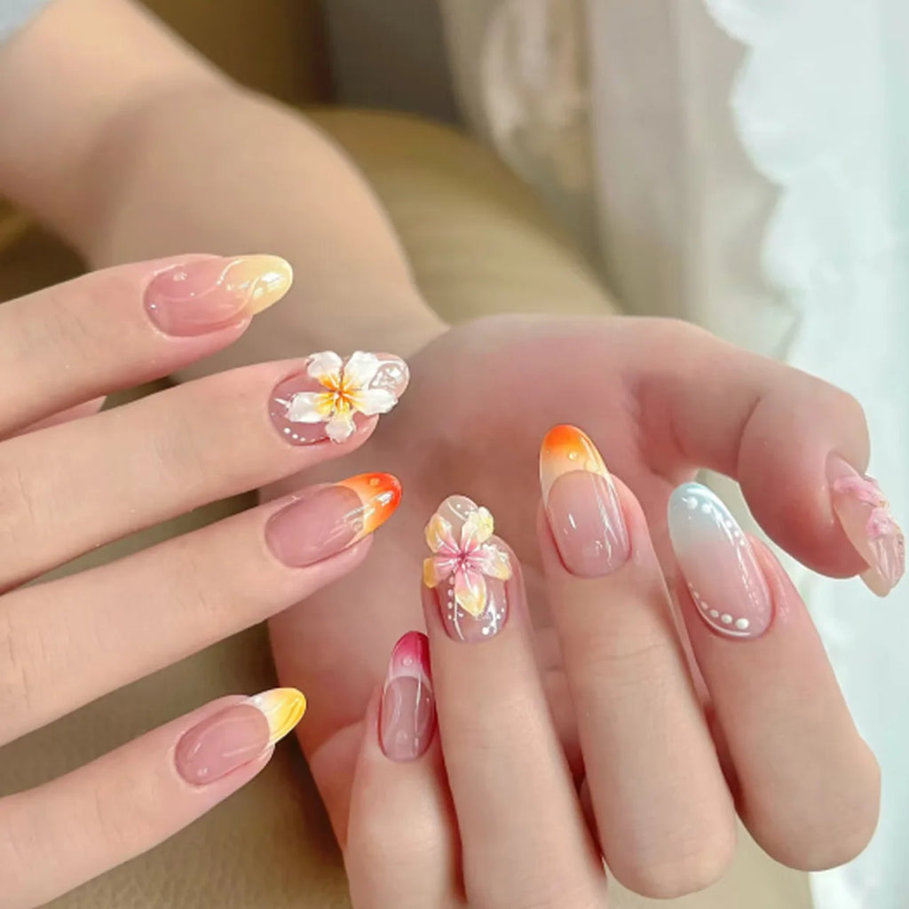 24pcs Brown French Leopard Print Press On Nails Stereo Pink Flower Designs Autumn False Nails Sweet Cool Almond Fake Nail Tips