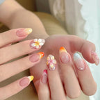 24pcs Brown French Leopard Print Press On Nails Stereo Pink Flower Designs Autumn False Nails Sweet Cool Almond Fake Nail Tips
