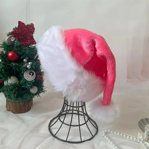 Christmas Santa Hat Xmas Pink Long Plush Holiday Red Black Hat For Adults And Kids Unisex 2024 New Year Festive Party Supplies