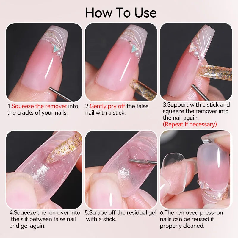 15ML Nail Glue for Press on Acetone Free Nail Polish Remover Multi-Functional Remover for Nails Tips Gentle Glue Remover
