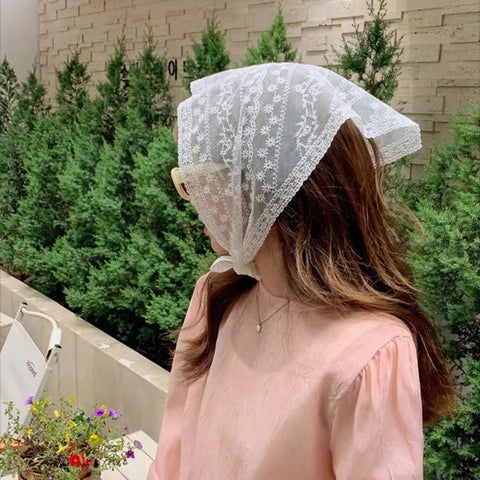 French Lace Triangle Scarf Summer Sweet Girls Silk Scarf Vintage Scarf For Muslim Women Chiffon Hijab Hair Accessories For Women