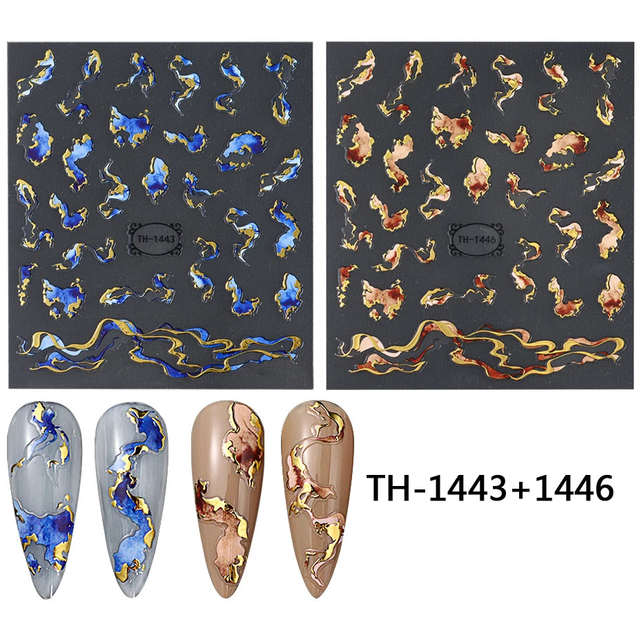 Nails Stickers Purple Blue Brown Ink Design Decals Gold Decorations Art Self-Adhesive Holographic Gel Slider Manicure Supplies