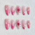 10pcs French Almond Press on Nails Flower False Nails Wearable Stick-on Nails Fake Nail Uñas Postizas Mujer Накладные Ногти 네일팁