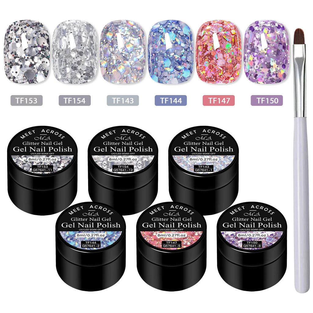 7pcs Glitter Sequins Gel Nail Polish Set Pink Silver Laser Glitter Semi Permanent Soak Off UV Gel Varnish Manicure Nail Supplies