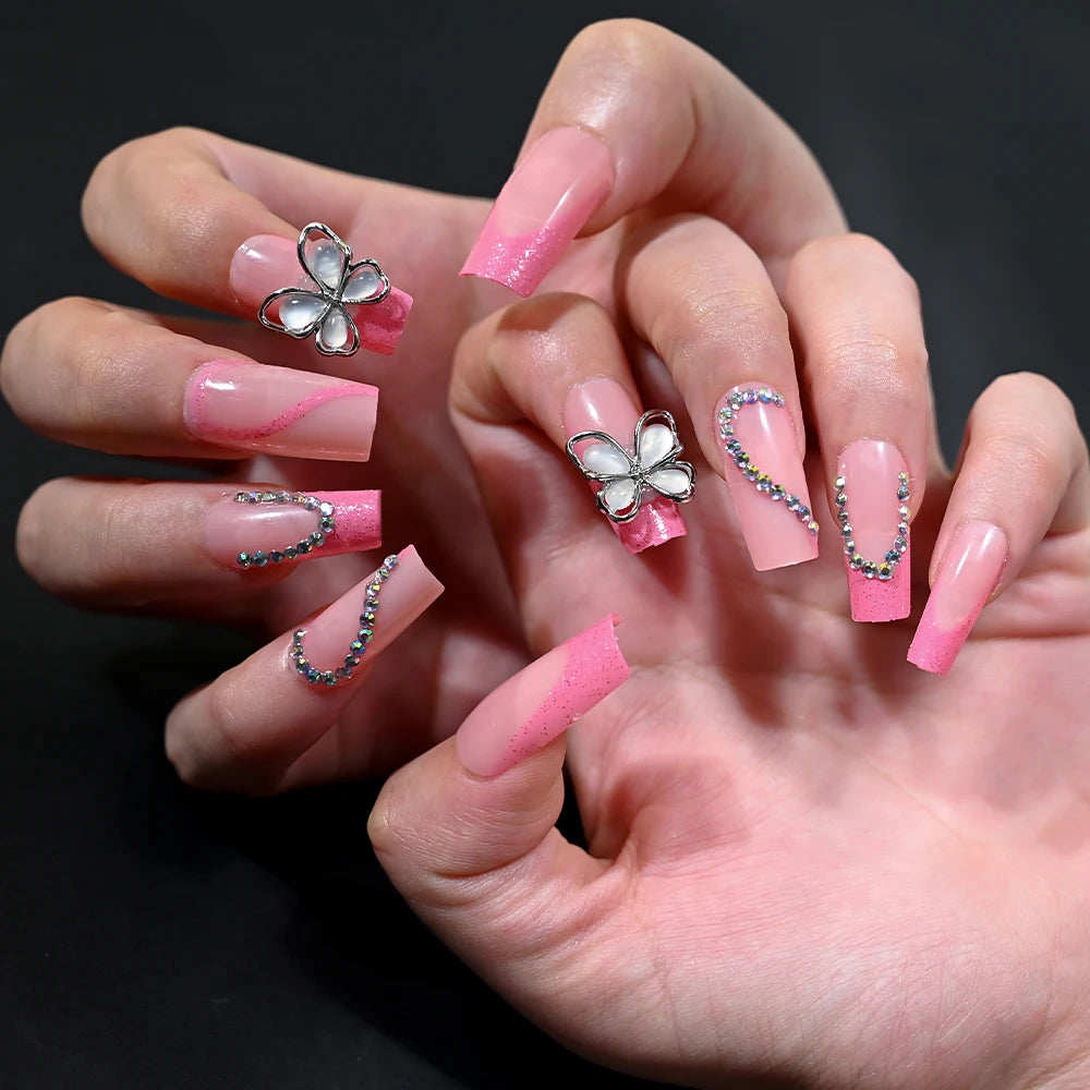 3D Flower Design French Fake Nails Love Bow Decor Mid-length Coffin Ballet Press on Nail Korean Sweet Bride Lady Fake Nails