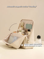 1Pcs Premium PU Leather Vertical Travel Makeup Bag - Multi-Compartment, Large-Capacity & Portable Toiletry Organizer