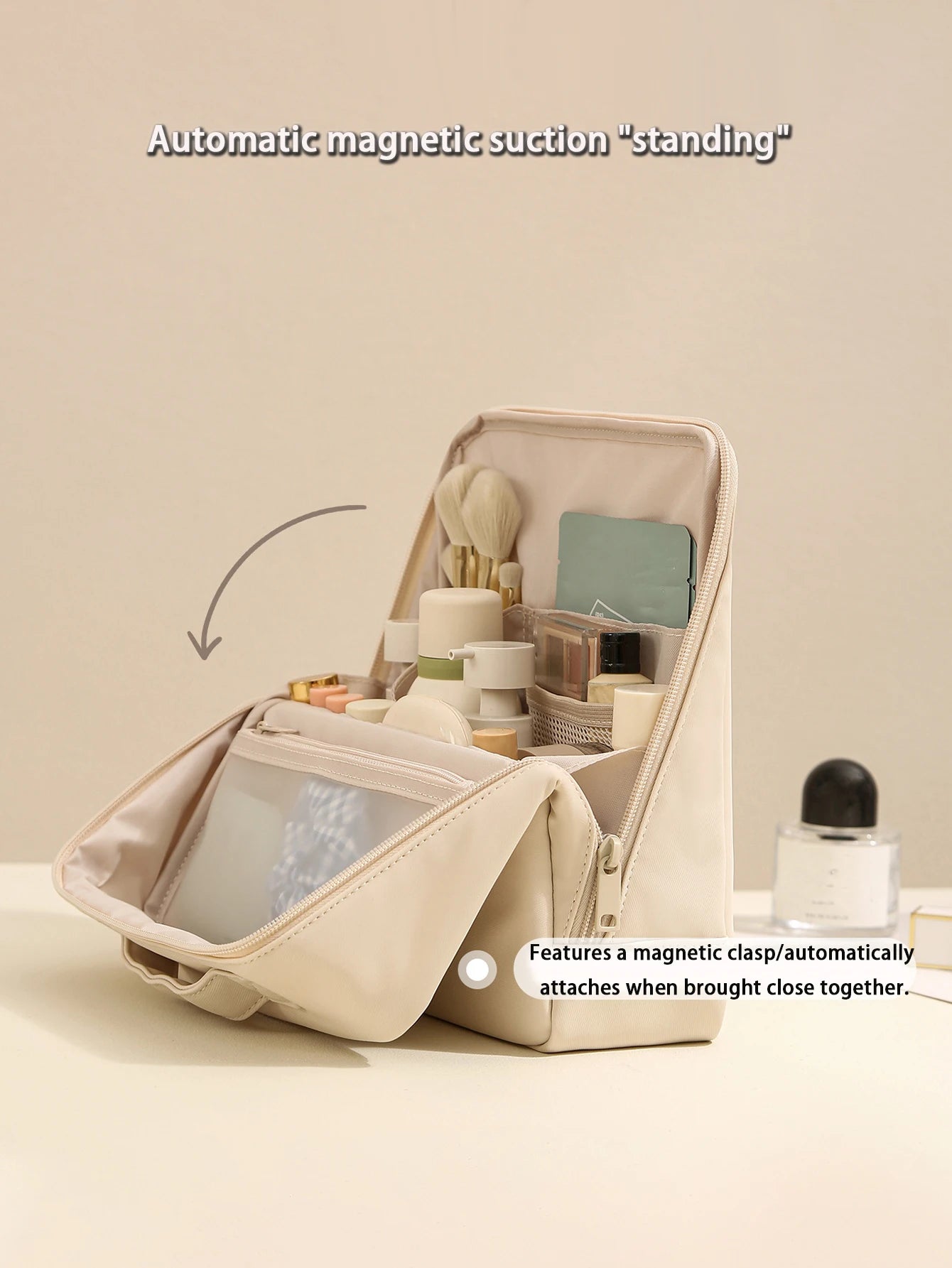 1Pcs Premium PU Leather Vertical Travel Makeup Bag - Multi-Compartment, Large-Capacity & Portable Toiletry Organizer