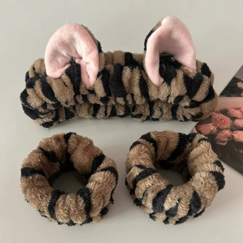 3pcs/set Cute Cat Ear Leopard Print Plush Headband For Women Girls Spa Washing Face and Makeup Headband Elastic Wrist Strap