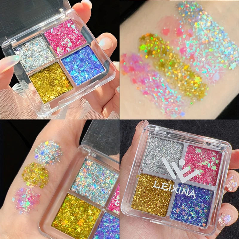 Sparkling Diamond 4 color eyeshadow tray - Halloween pumpkin and cherry tones, blue/gold/yellow, cosplay and stage makeup