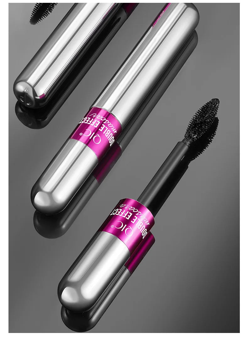 QIC Double Effect 4D Mascara Waterproof Long Curl Natural Thick Eyelash 2-in-1 Black Mascara with 2 Brush Heads