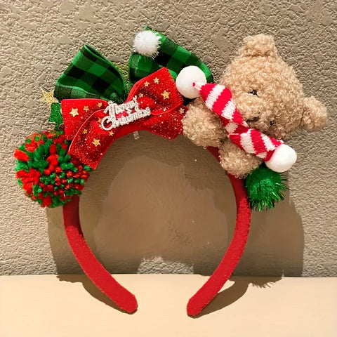 Christmas Bear Headband with Bow - Festive plush hair accessory for women, perfect for parties & photos. Lightweight & stylish!