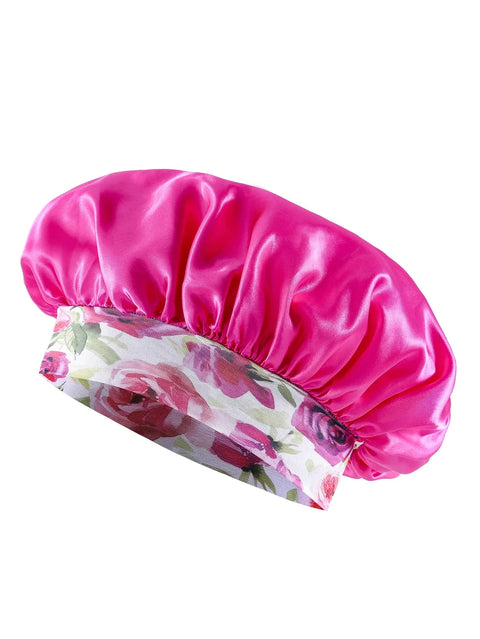 Women's Fashion Bonnet Flower Printed Hair Hat with Wide Edge Elastic Silk Smooth Satin Face for Daily Home Sleep Hat