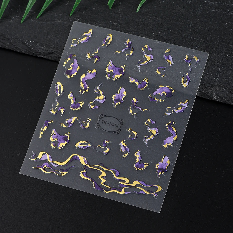 Nails Stickers Purple Blue Brown Ink Design Decals Gold Decorations Art Self-Adhesive Holographic Gel Slider Manicure Supplies